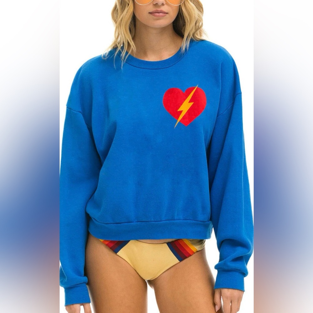 NEW Aviator Nation Blue Sweatshirt with Red Heart and Yellow Lightning
